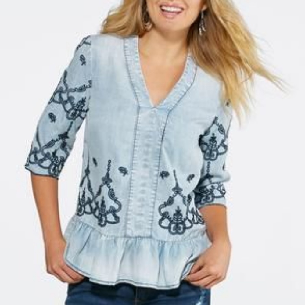 Cato Embroidered Chambray Peplum Top